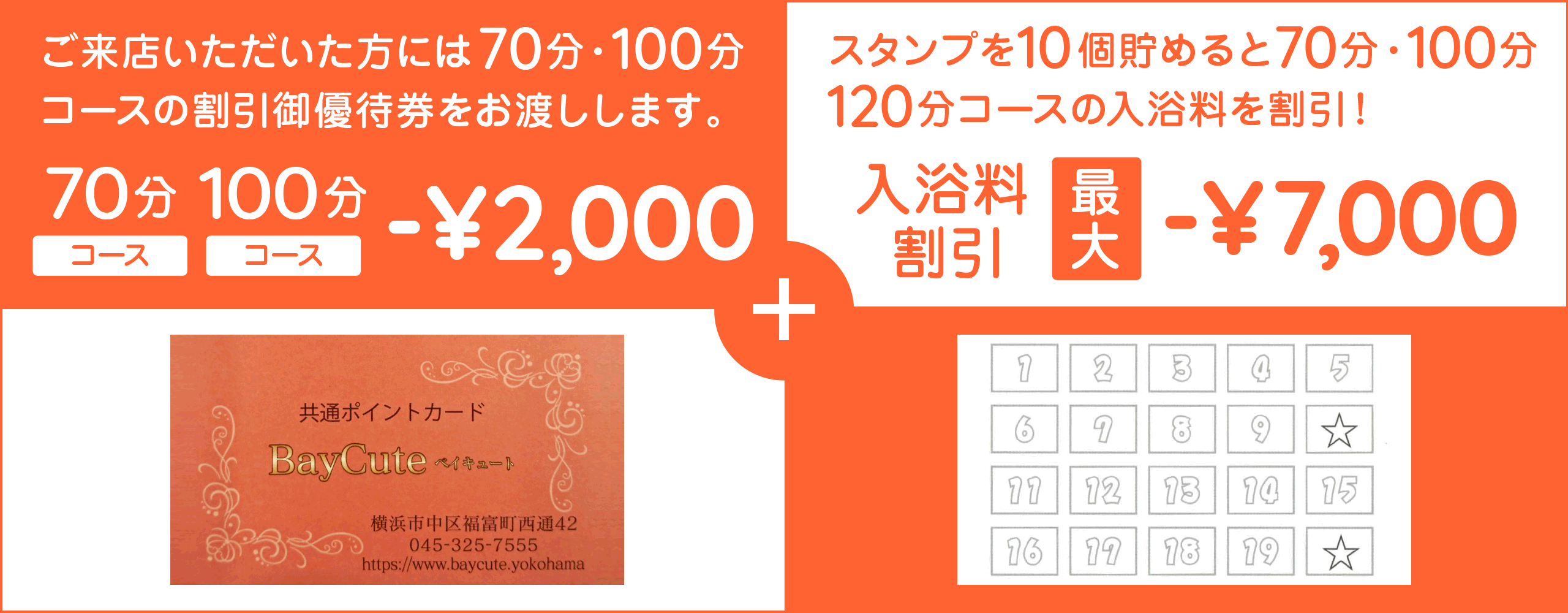 ご来店いただいた方には70分・100分コースの割引御優待券をお渡しします。スタンプを10個貯めると70分・100分・120分コースの入浴料を割引！